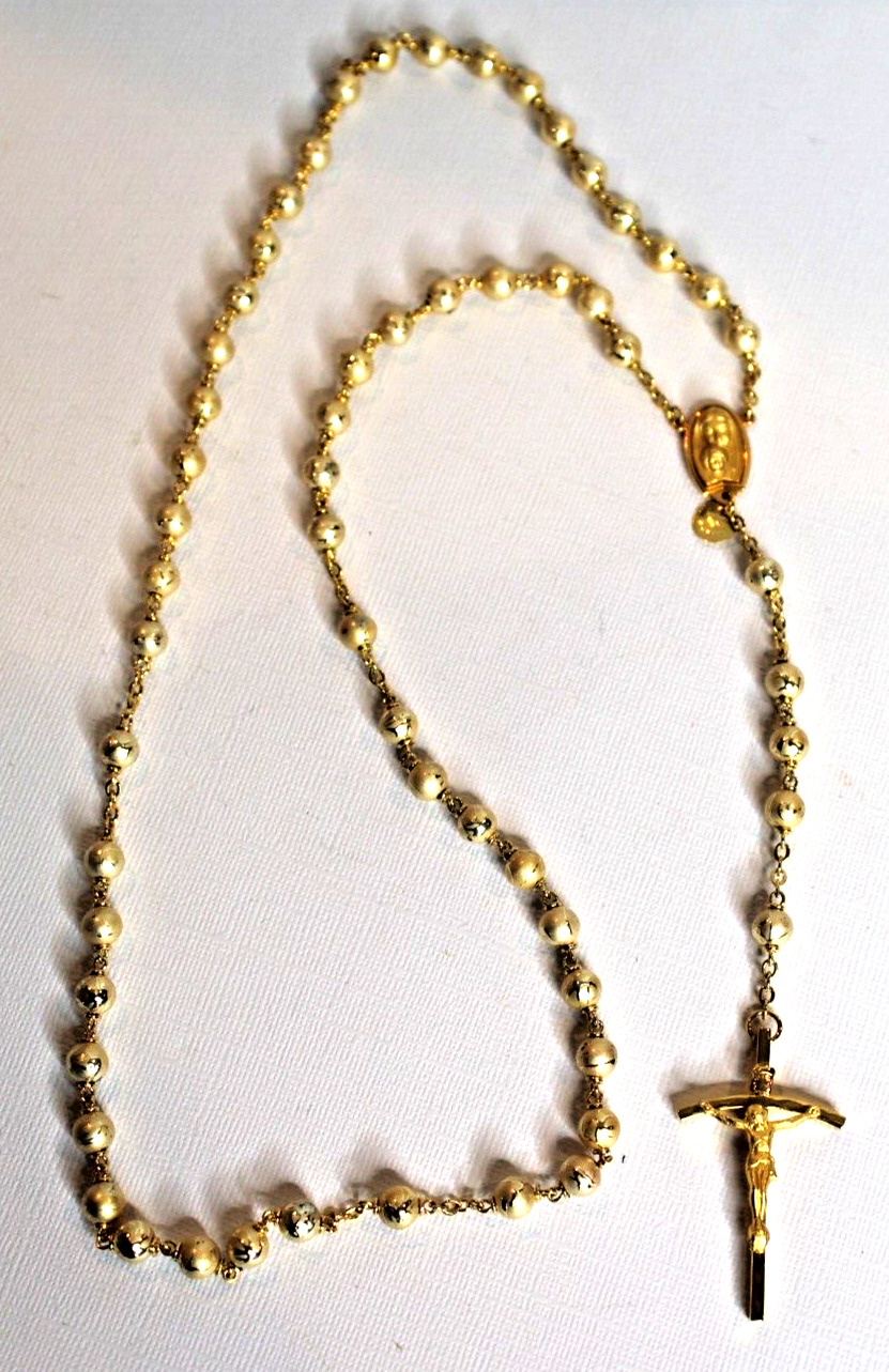 Vintage Goldtone Metal Faux Pearl Rosary Beads Crucifix - Japan