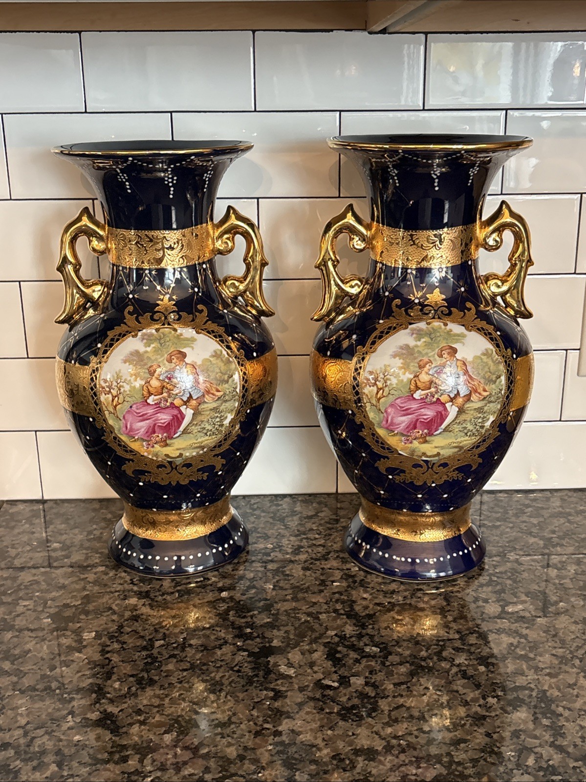Vintage Limoges FRAGONARD Porcelain Vase Blue Glaze With Ornate GILT Handles 14”