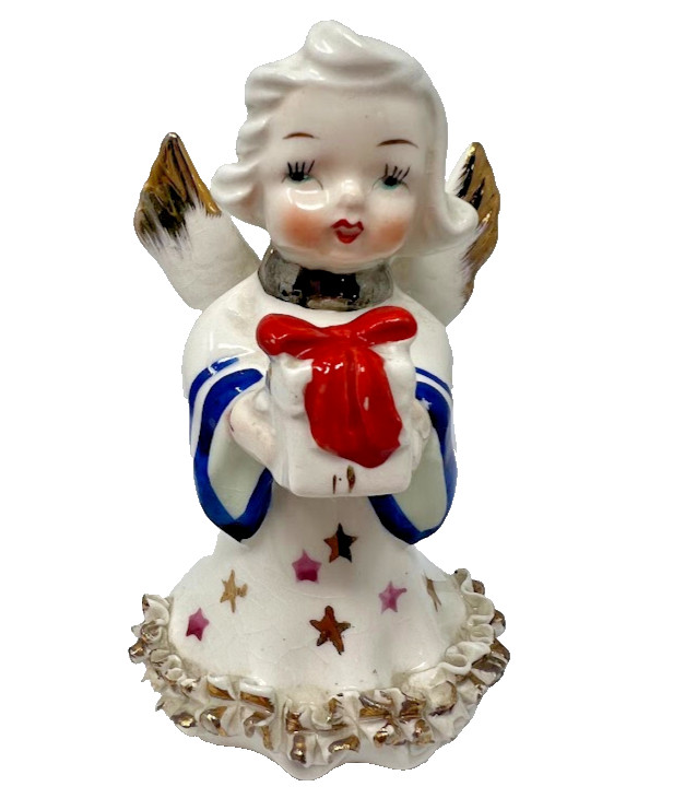 Vintage Christmas Angel Holding A Gift Figurine USA American 4th Of July