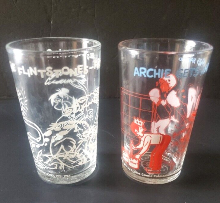 2 Welch's Vintage Jelly Glasses The Flintstones and Archie Glass