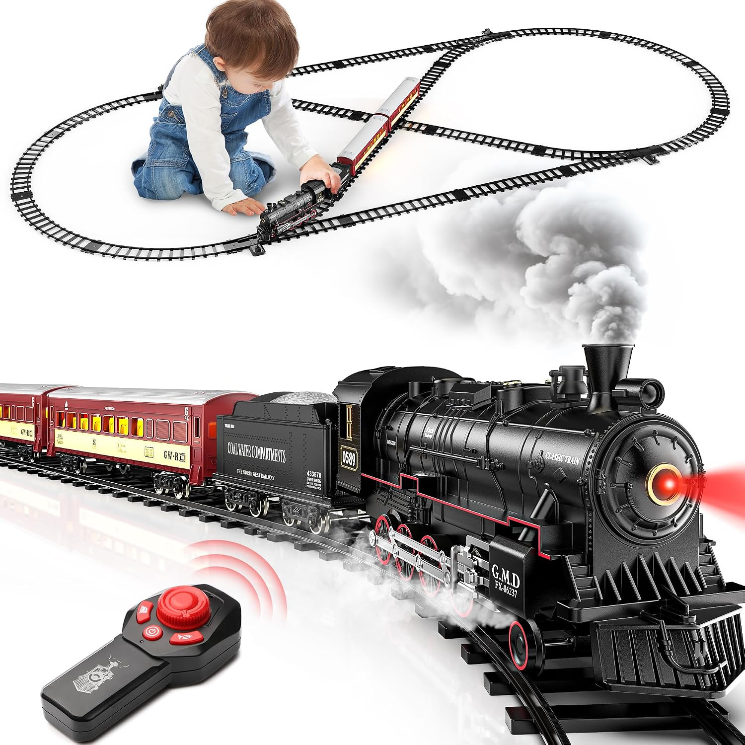 RC Train Set, Alloy Steam Locomotive with Light-Up Cars and Tracks