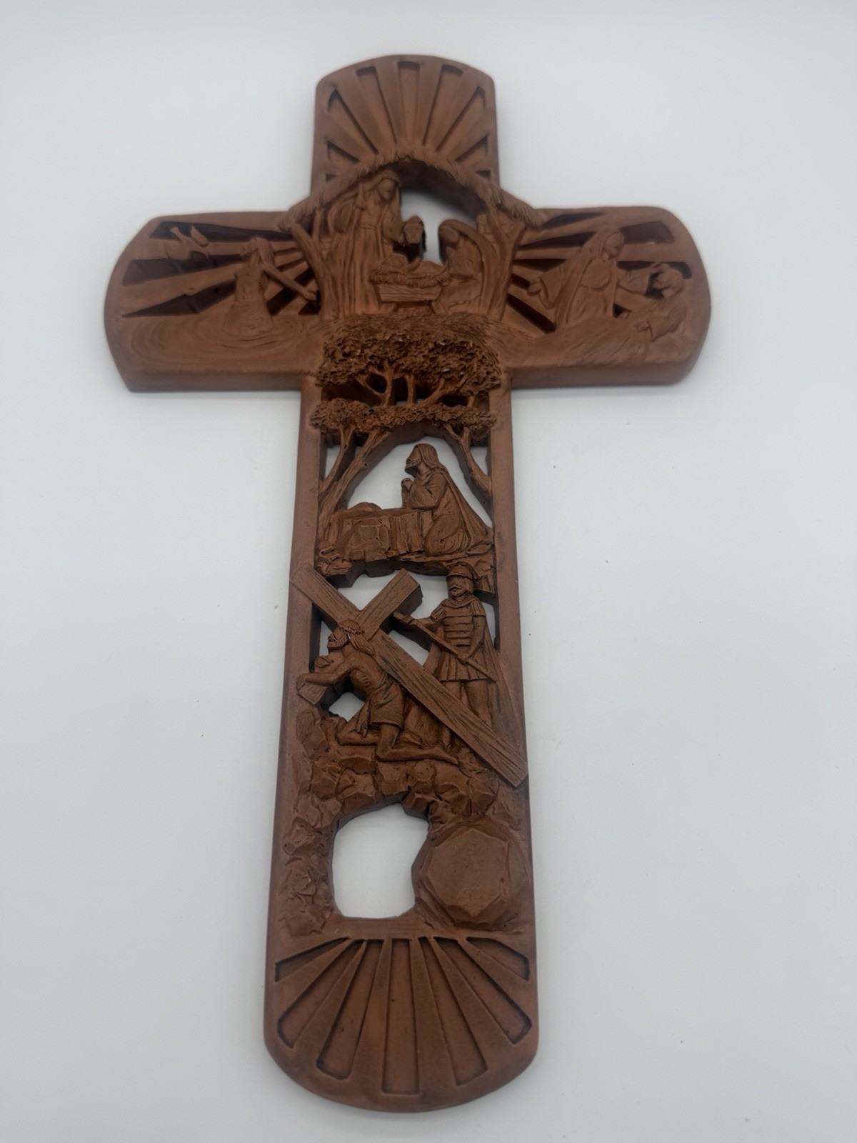 Dicksons Carved Details Woodgrain Resin Cross Life Story of Christ 12”x7” Wall