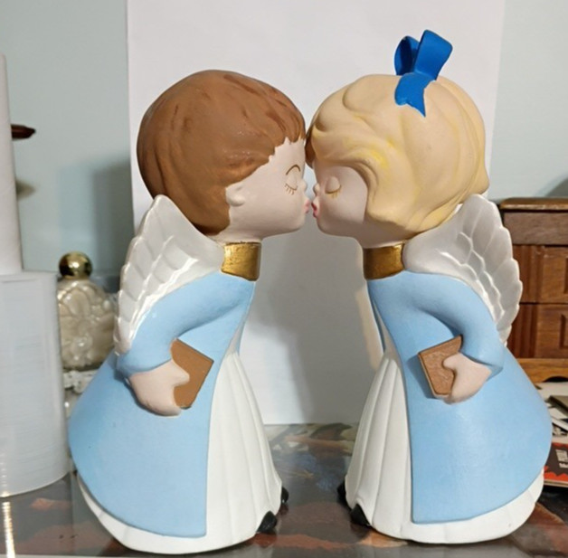 Vtg Christmas Angel Figurines Boy & Girl 7.5” Kissing Blue & White Hand-painted Vtg Christmas Angel Figurines Boy & Girl 7.5” Kissing Blue & White Hand-painted