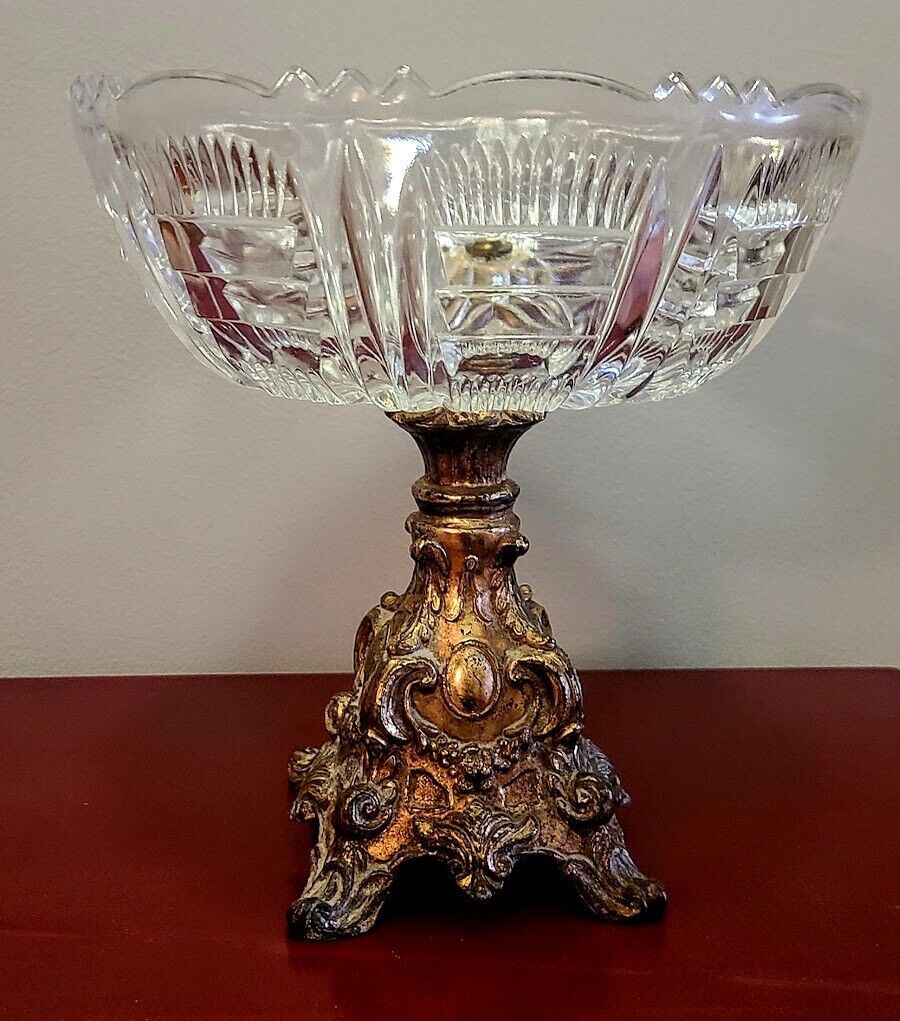 STUNNING Lead Crystal Sawtooth Pinwheel Centerpiece Compote, Ornate Brass Base