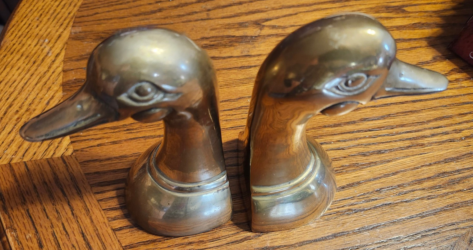 Solid Brass Duck Head Book Ends KOREA Vintage Felt Bottomed 6\ Solid Brass Duck Head Book Ends KOREA Vintage Felt Bottomed 6\