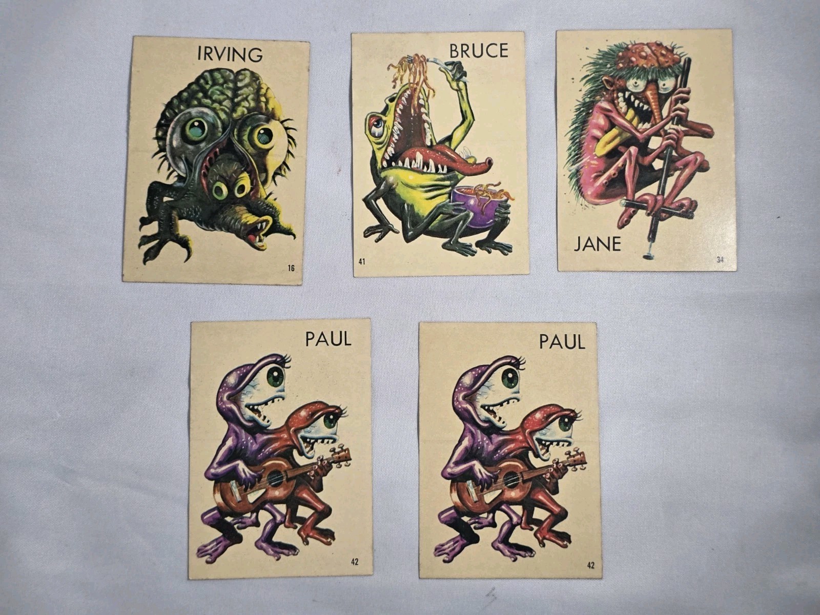 Vintage 1965 Topps Ugly Stickers Jane Bruce Irving Paul (X2) Lot Of 5 Stickers