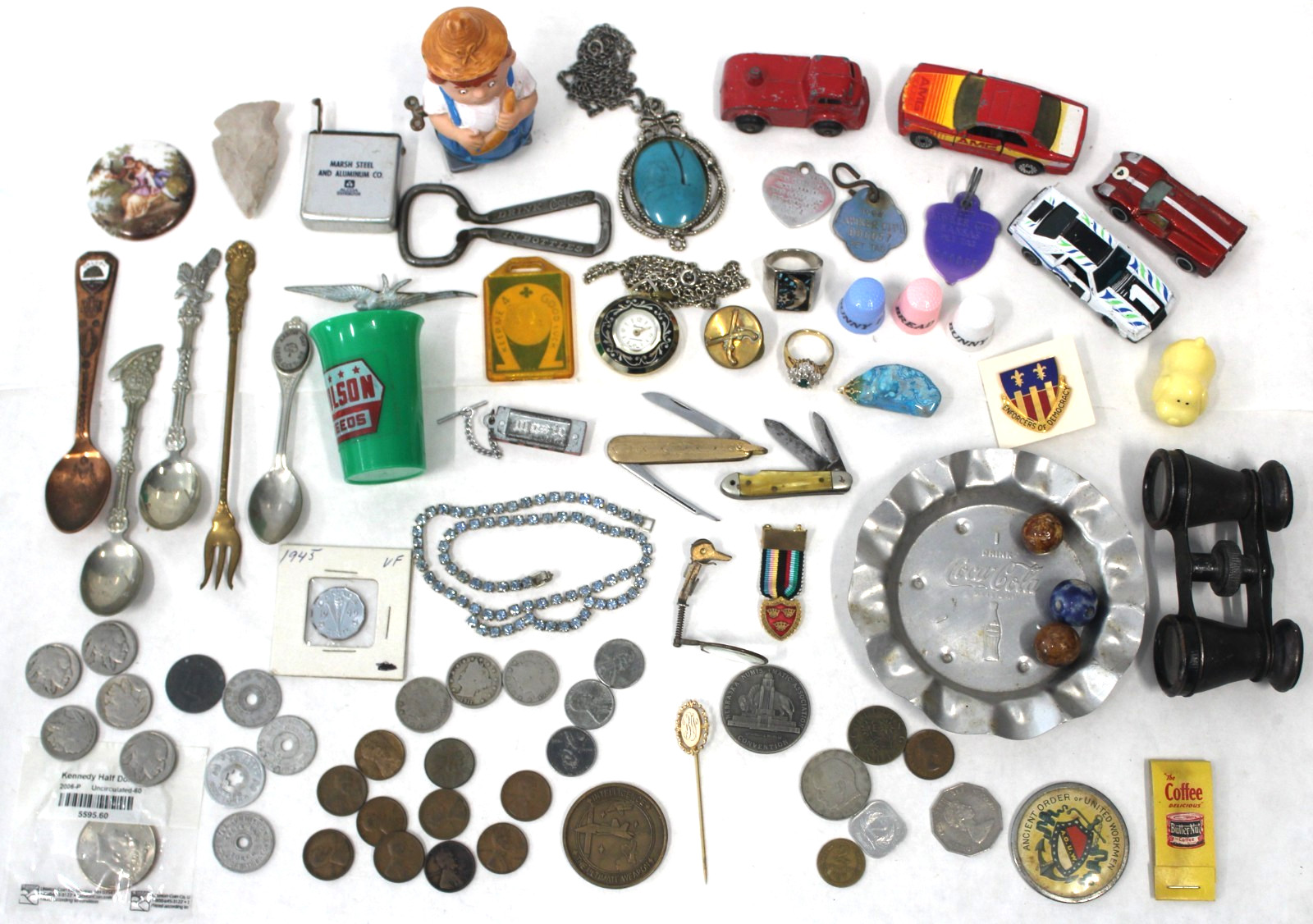 Junk Drawer Lot of Vintage & Antique Collectibles - jewelry Coke COINS Jewelry
