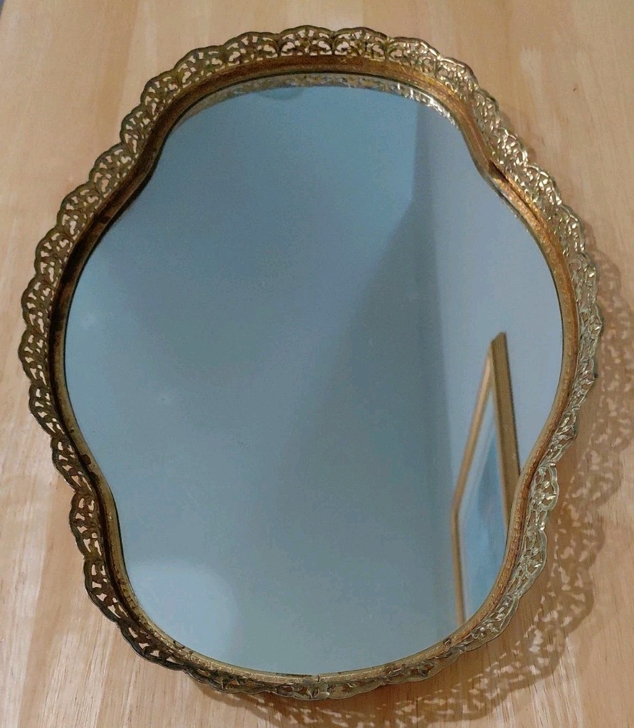 VTG 1960s Vanity Display XL Tray Mirror Gold Ornate Filigree Perfume 17x12 Unque