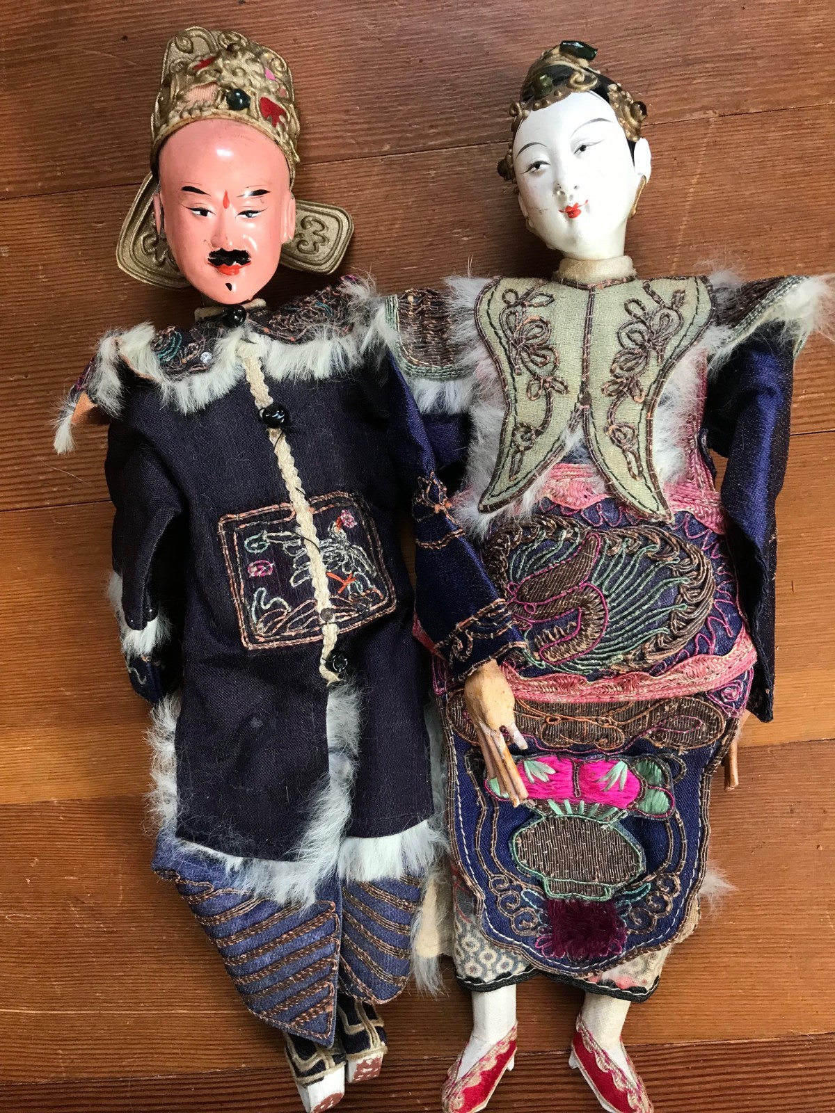 Antique 1920s Handmade Chinese Opera Doll Pair 11” (Male) 10.5” (female)