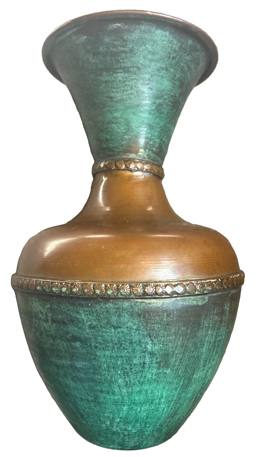 Vintage Handcrafted Etched Brass and Copper Patina Vase 8”