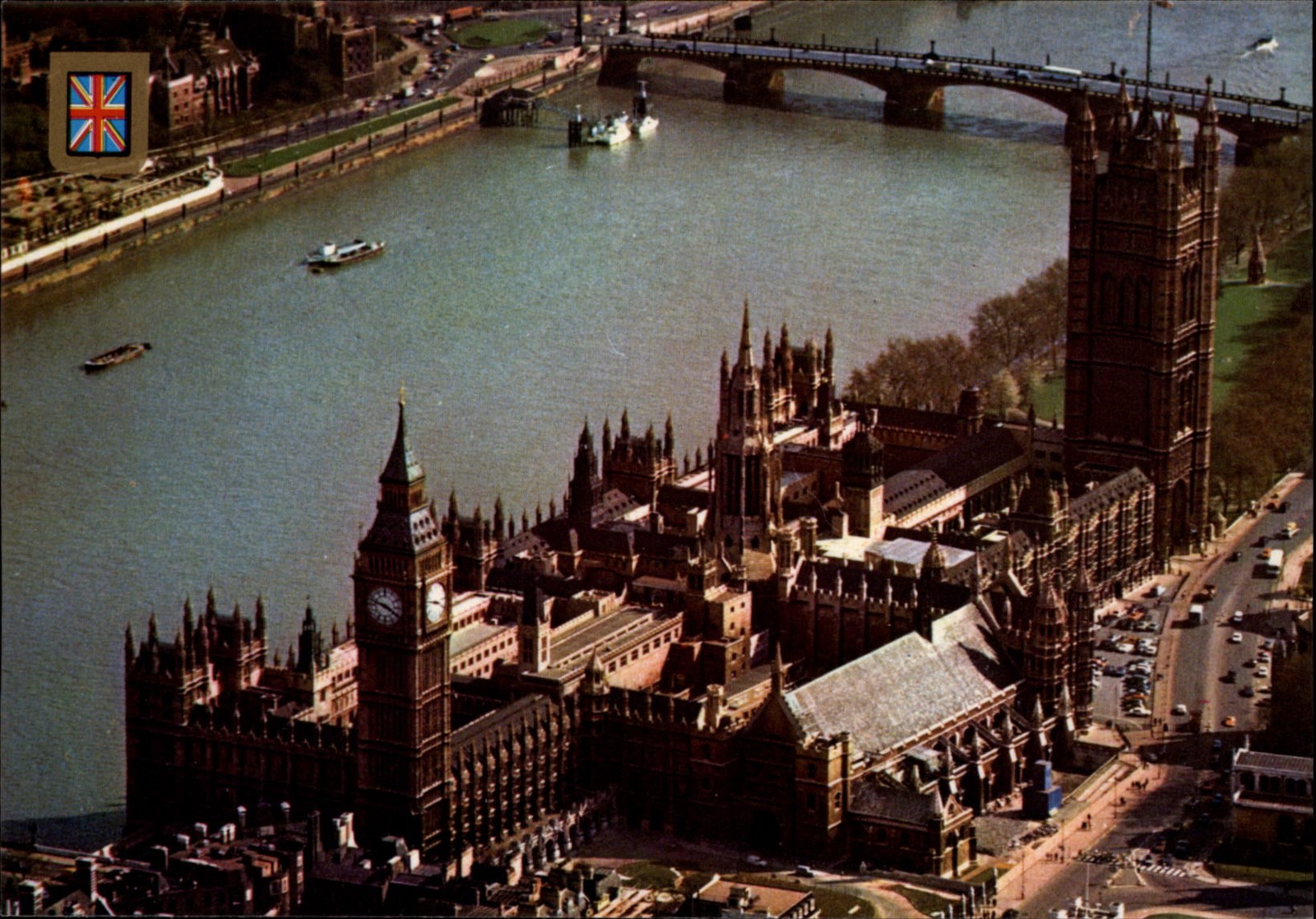 London England United Kingdom Houses of Parliament aerial vintage postcard
