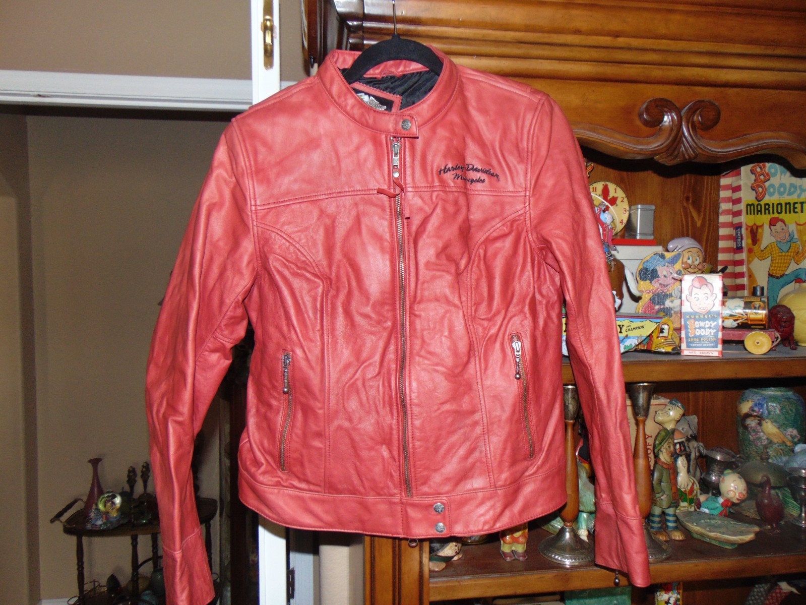 VINTAGE 2008 HARLEY DAVIDSON WOMEN\'S LEATHER MOTO  JACKET RED/PINK   LARGE $499