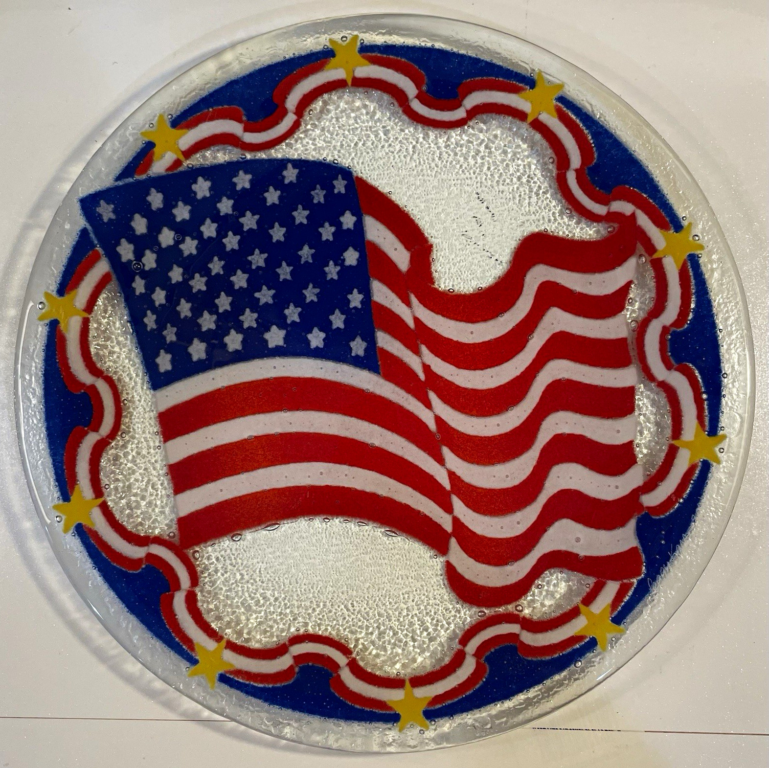 Vintage Peggy Karr 2001 Signed Patriotic American Flag Glass Plate 11