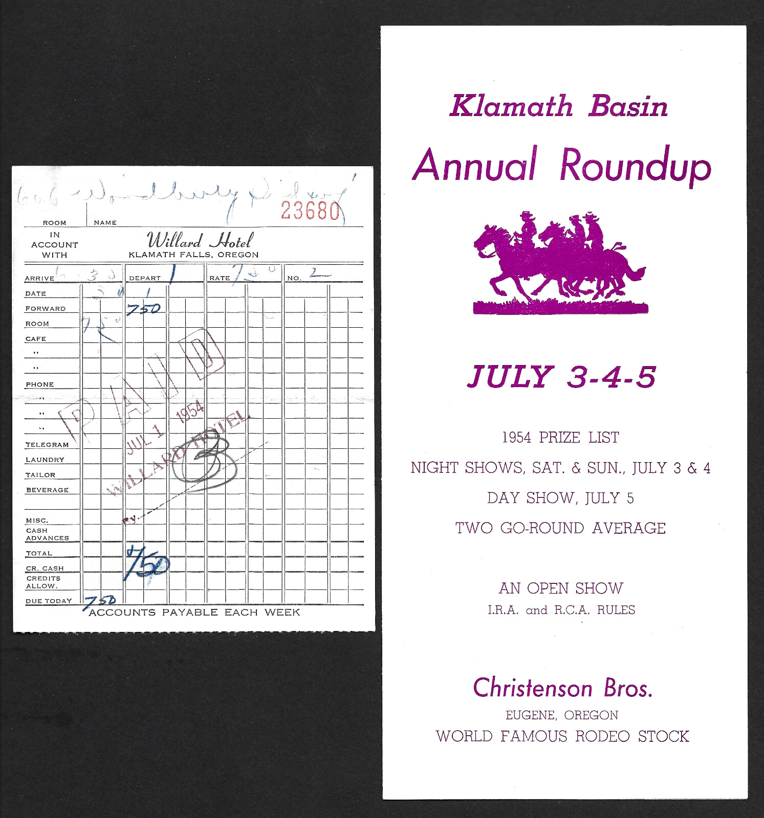 Klamath Basin Annual Roundup Oregon Rodeo 1954 Brochure Willard Hotel Receipt