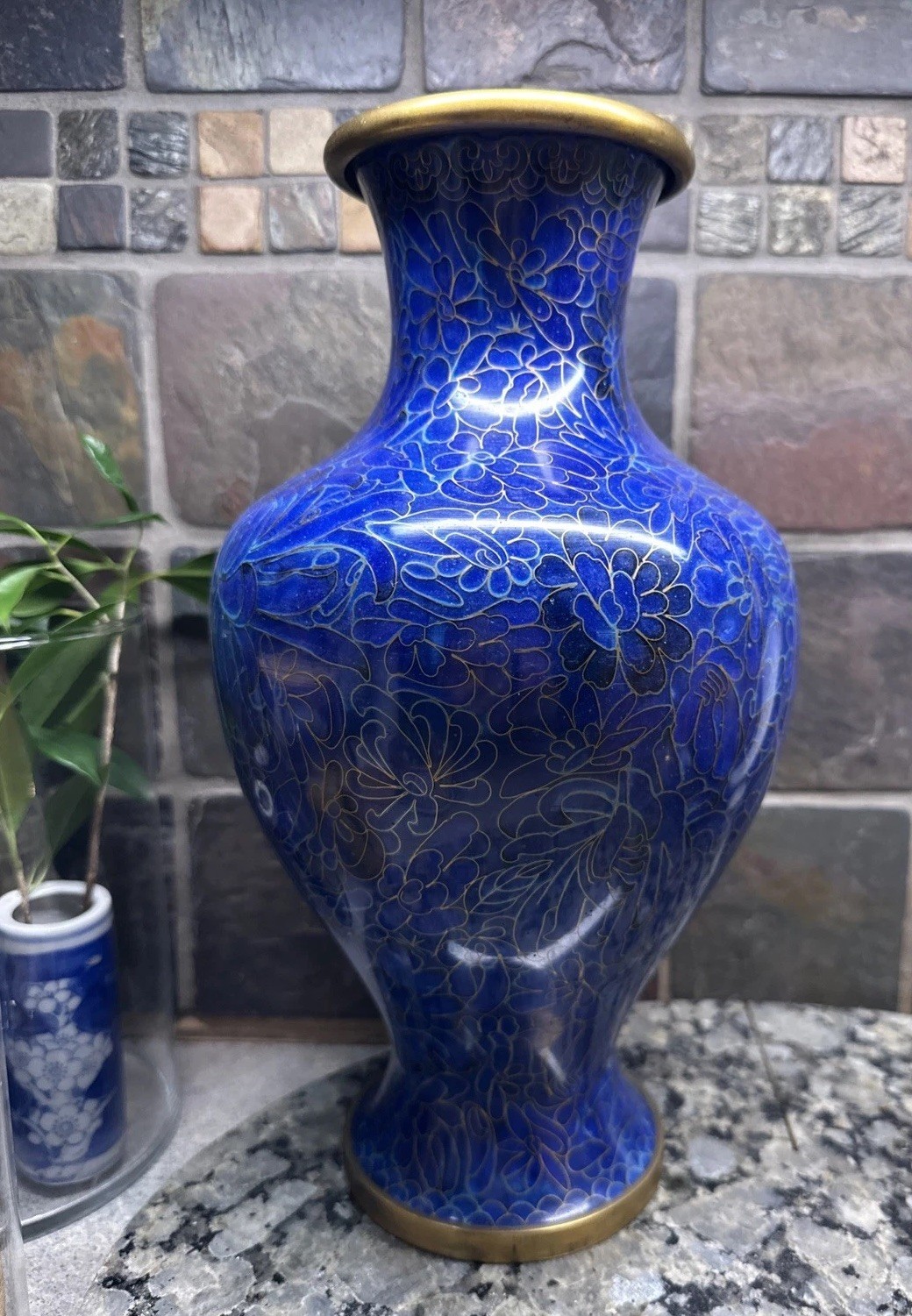 Vintage Chinese Cloisonne Enamel Vase Brass Blue Floral Design 12 “