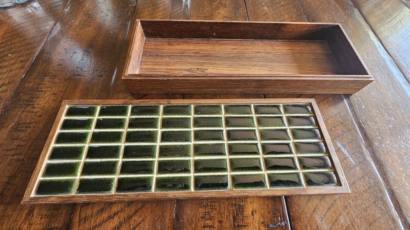 Antique Rosewood And Green Glass Tile Top Flat Jewelry/Keepsake Box