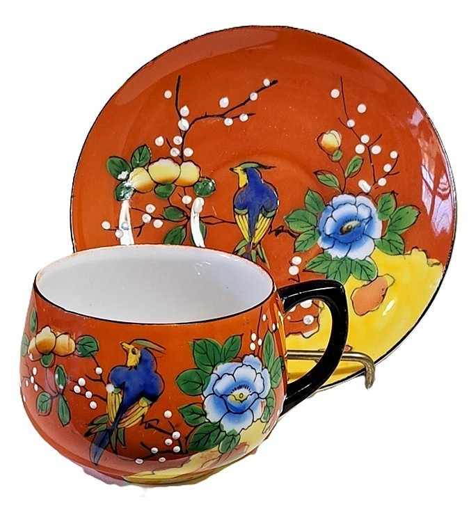 Antq Chikaramachi Beaded Moriage Bird Japan Tea Cup Set