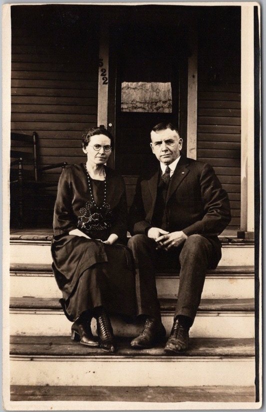 c1920s Real Photo RPPC Postcard Older Couple on House Porch Steps \