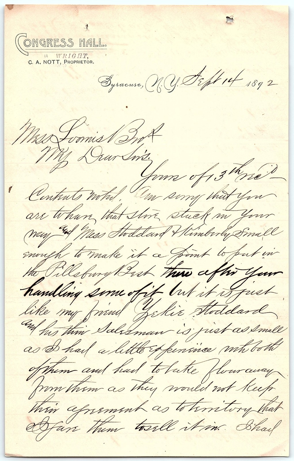 1892 Congress Hall Syracuse Billhead Handwritten Letter 1892 Congress Hall Syracuse Billhead Handwritten Letter