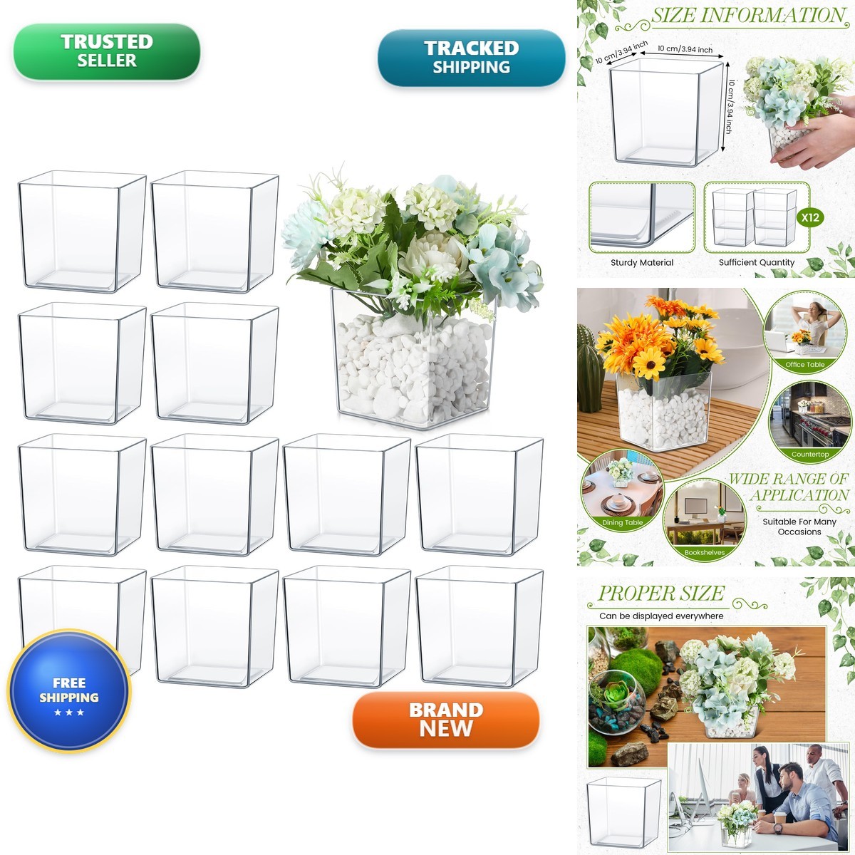 Tioncy 4\'\' x 4\'\' 12 Pcs Cube Clear Flower Vase Acrylic Flower Vase Square