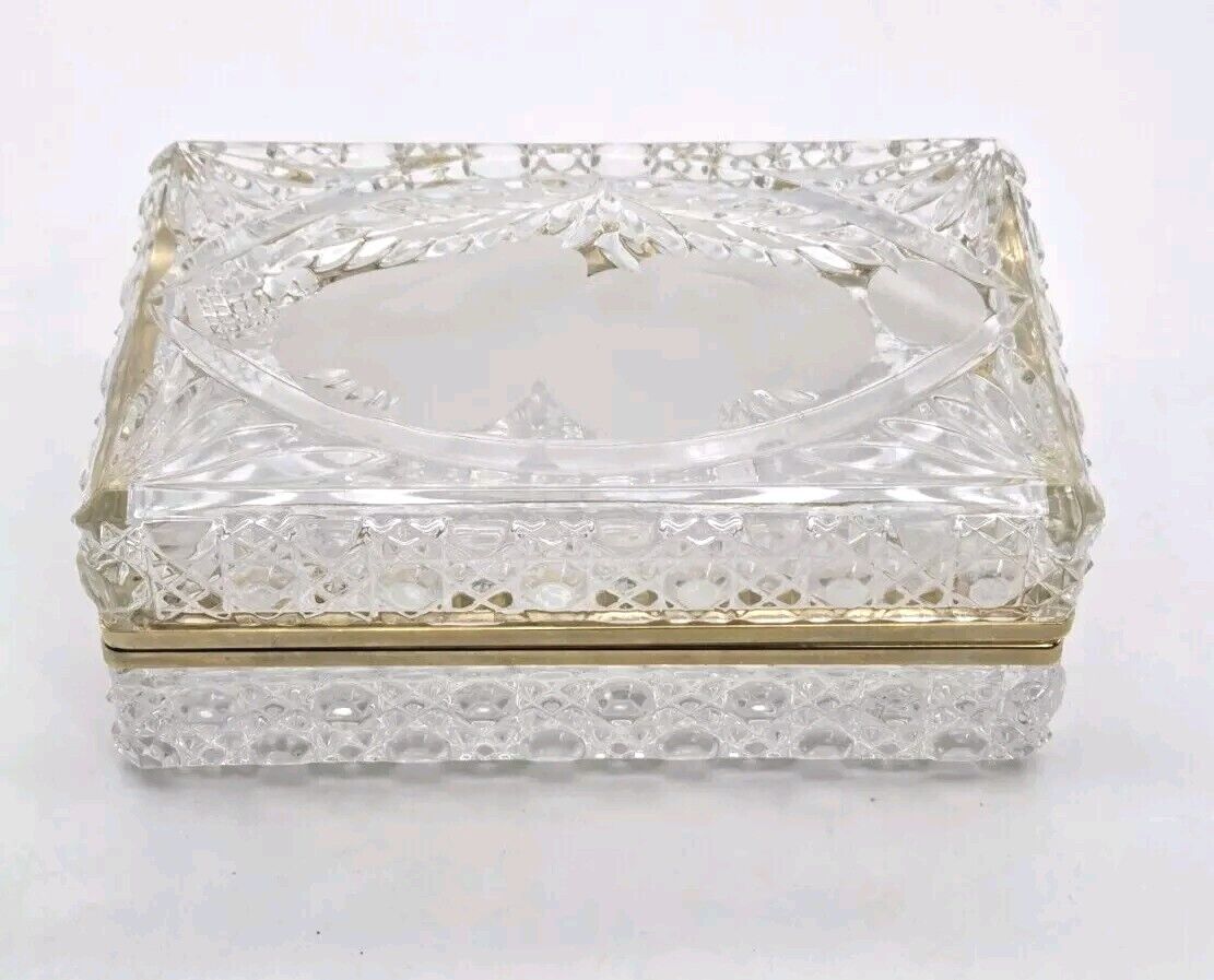 VTG Heavy Crystal Glass Casket Box French Cut Fruit Brass Trim Trinket Jewelry