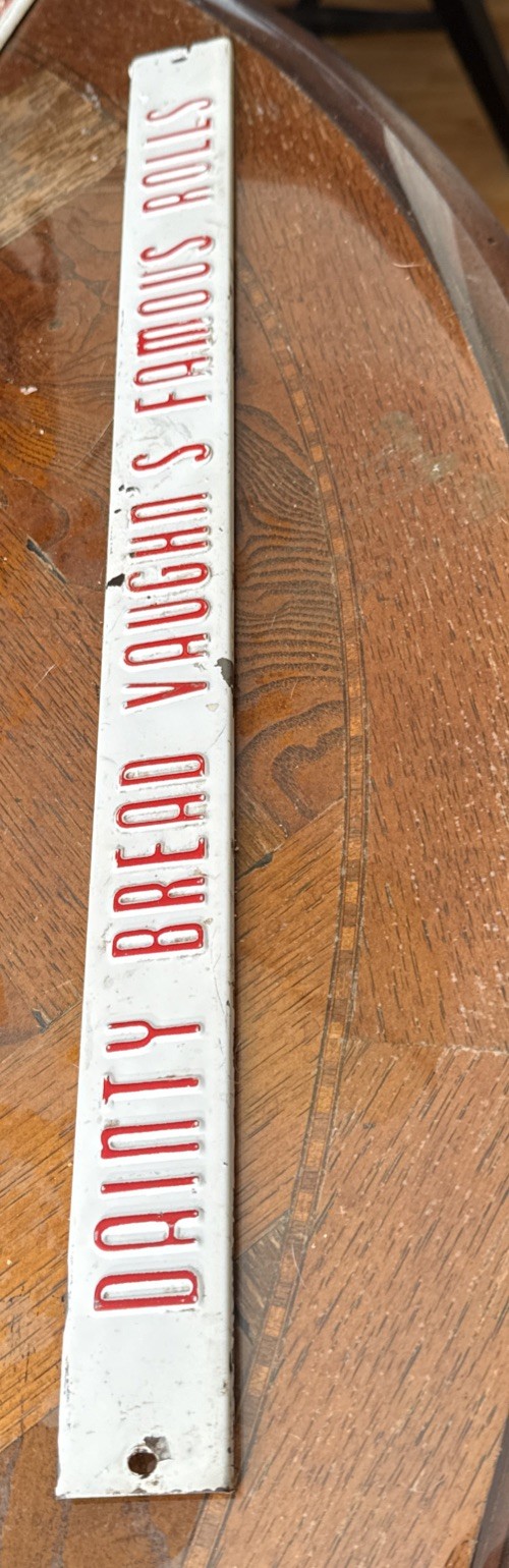 VINTAGE TIN METAL DAINTY BREAD VAUGHN’S ROLLS CAKE BAKERY SIGN ADVERTISING 20”
