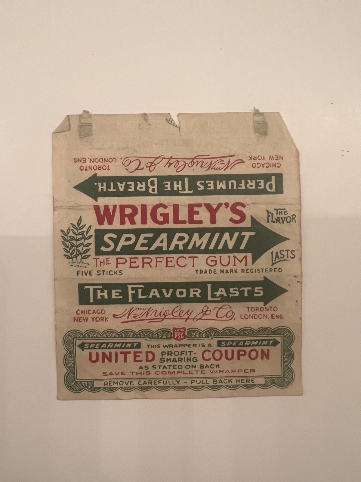 VINTAGE ORIGINAL WRIGLEY’S SPEARMINT GUM WRAPPER & UNITED PROFIT SHARE COUPON VINTAGE ORIGINAL WRIGLEY’S SPEARMINT GUM WRAPPER & UNITED PROFIT SHARE COUPON