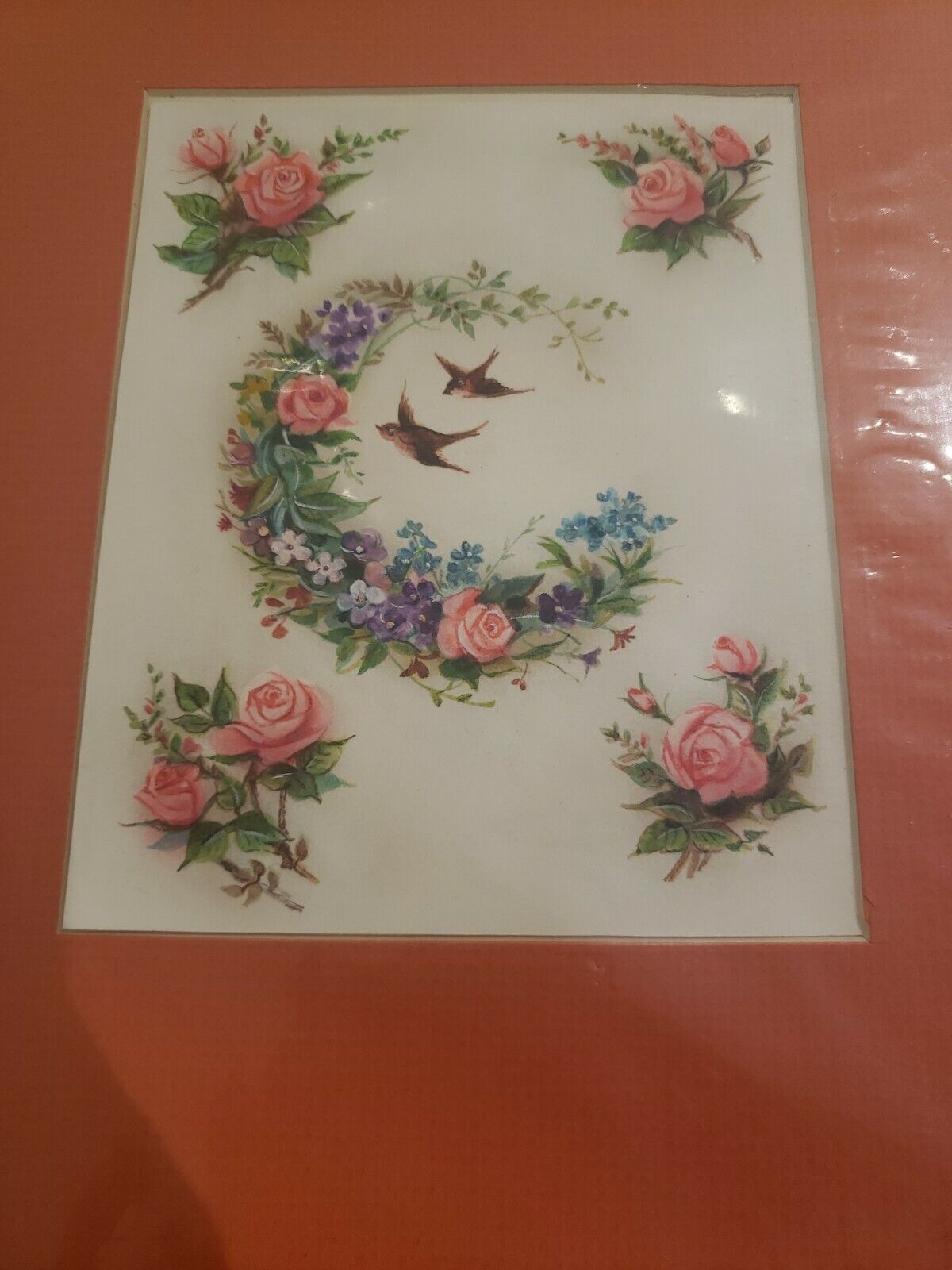 Vintage Norcross original painting for Card birds with flowers Estate Drina Yost