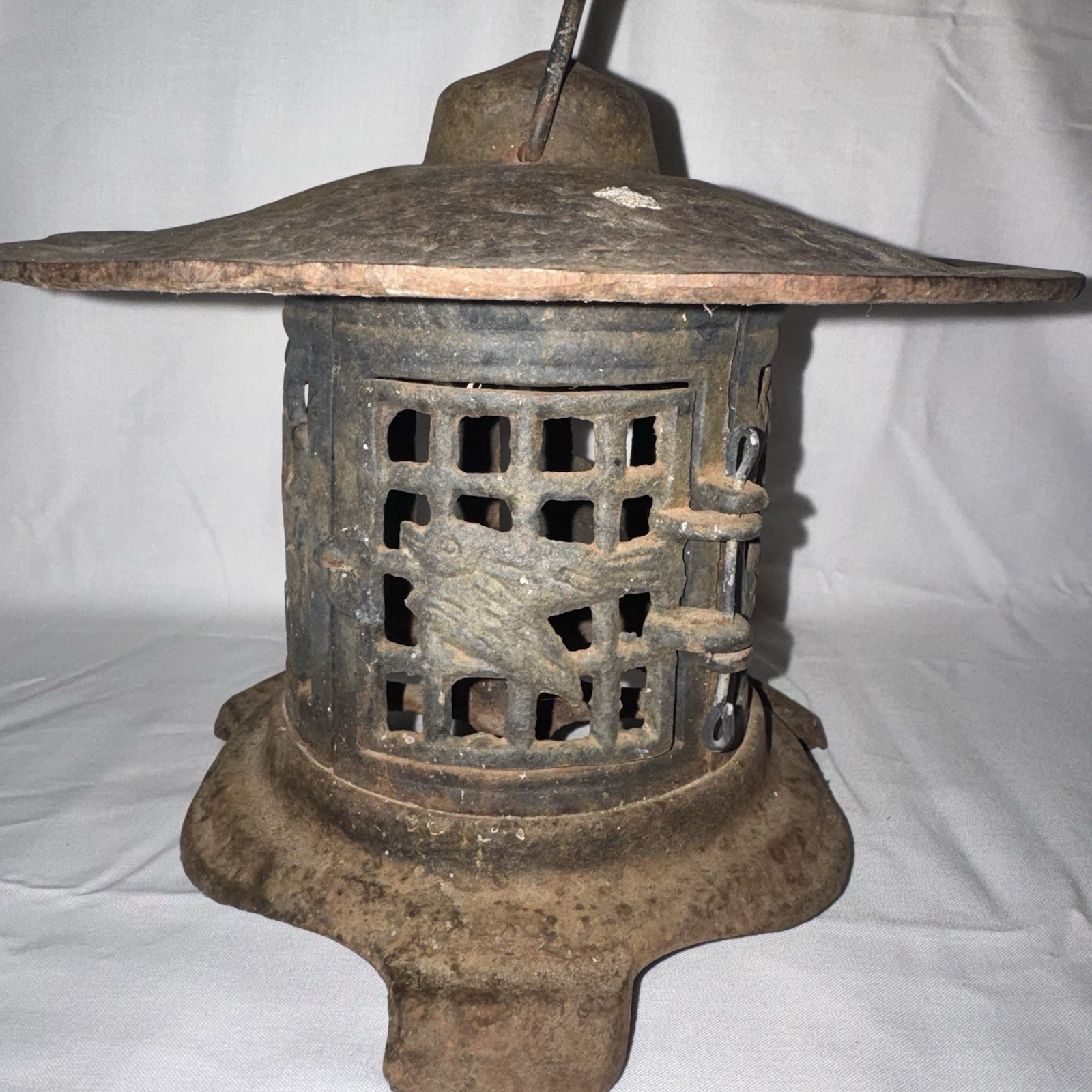 Vtg. Japanese Lantern Cast Iron Pagoda Candle Bird Bamboo Handle Hanging  Deco