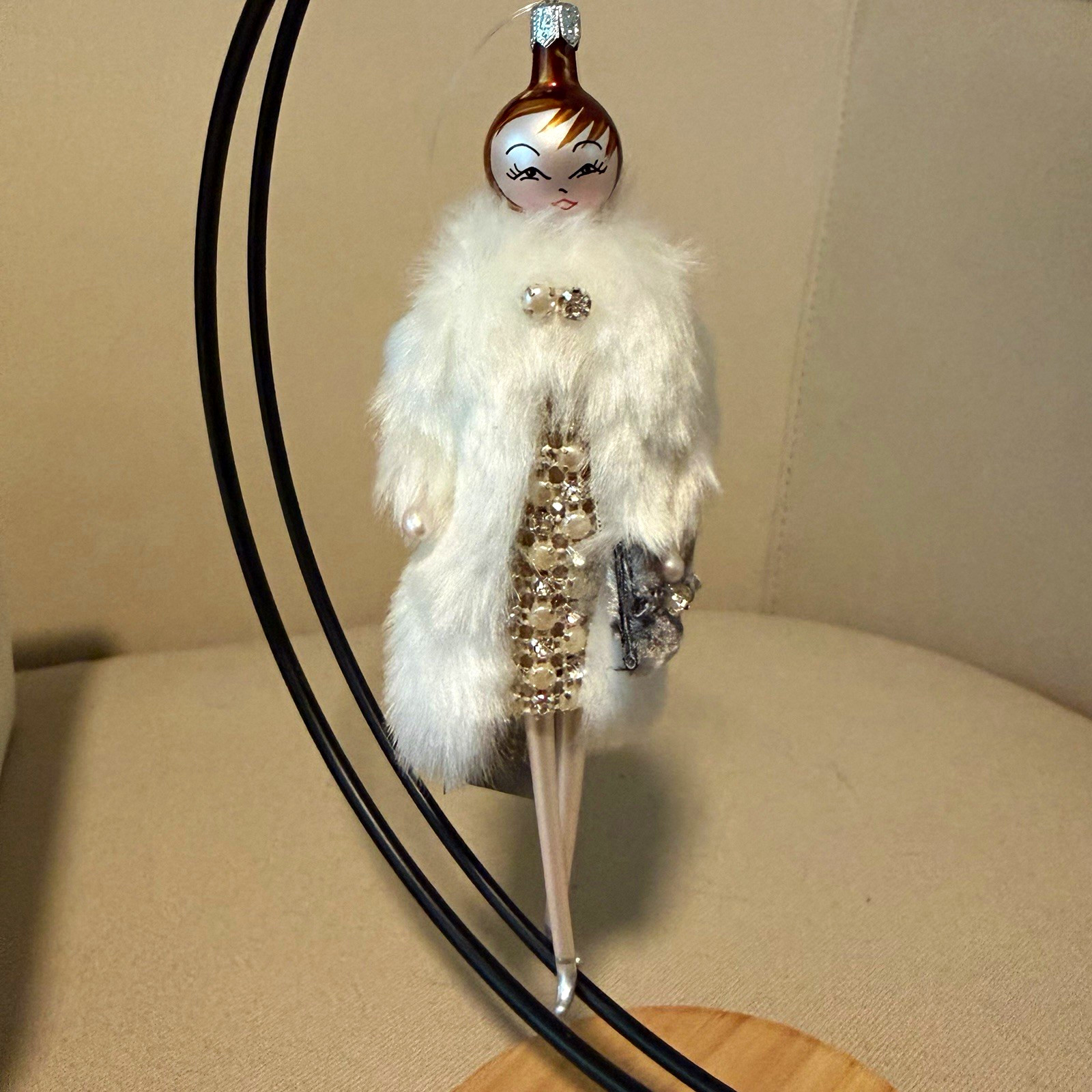 De Carlini for Neiman Marcus Lady Glass Hanging Ornament w/ Faux Fur Coat De Carlini for Neiman Marcus Lady Glass Hanging Ornament w/ Faux Fur Coat