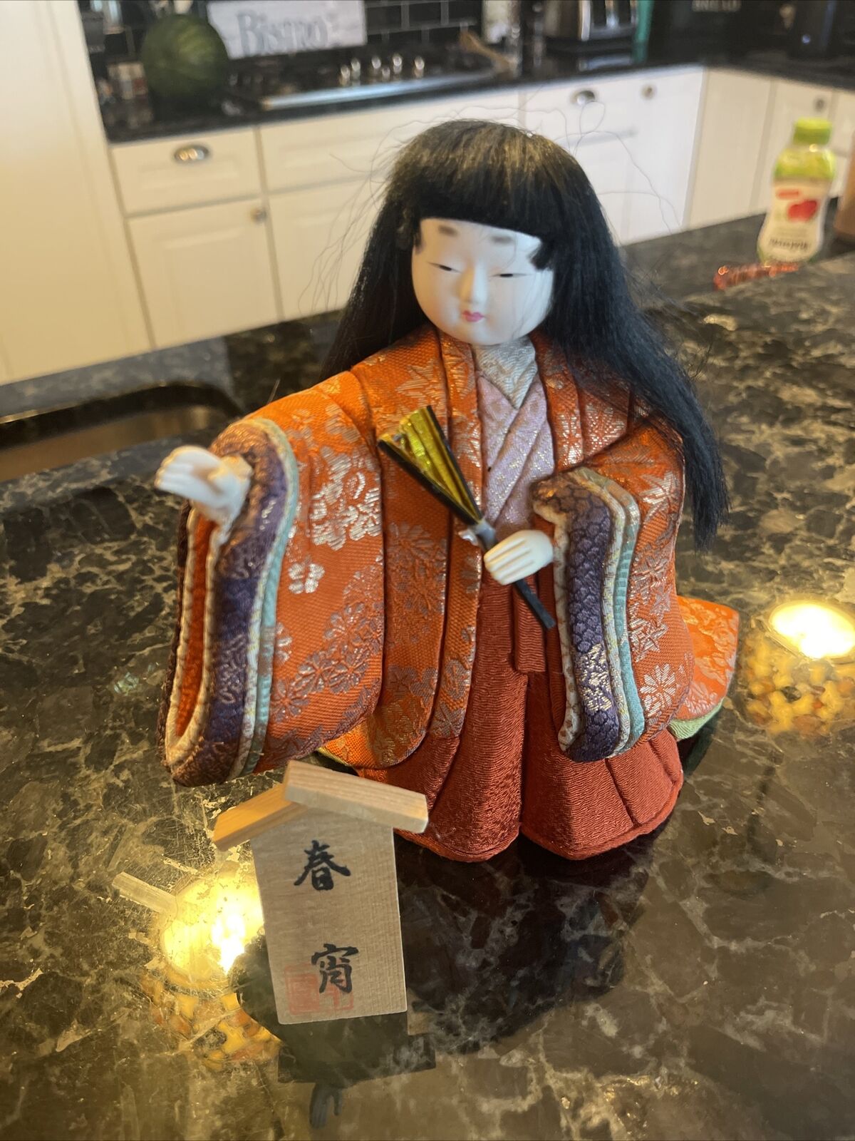 Stunning Vintage  Japanese Girl Doll In Orange And Gold Outfit
