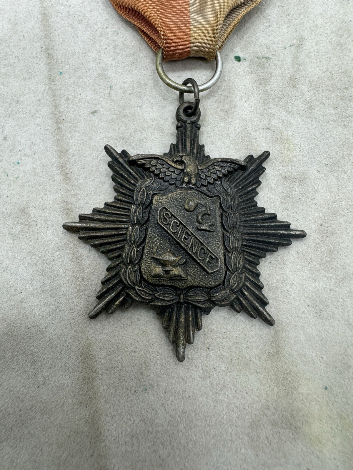 Vintage 1920s Bronze Medal Science Eagle Pin Badge Ribbon Award