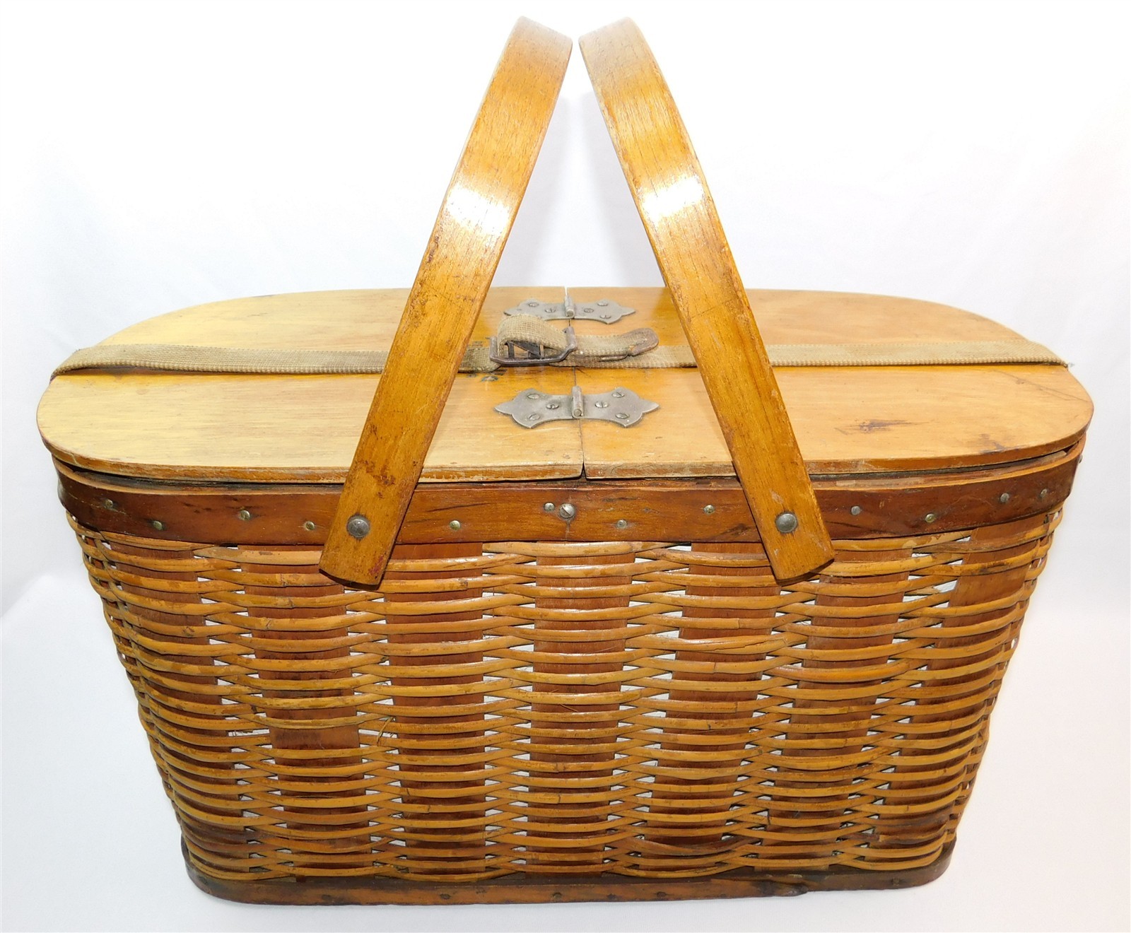 Antique Hawkeye Wooden Wicker Refrigerator Picnic Basket with Tin Insert Vintage Antique Hawkeye Wooden Wicker Refrigerator Picnic Basket with Tin Insert Vintage