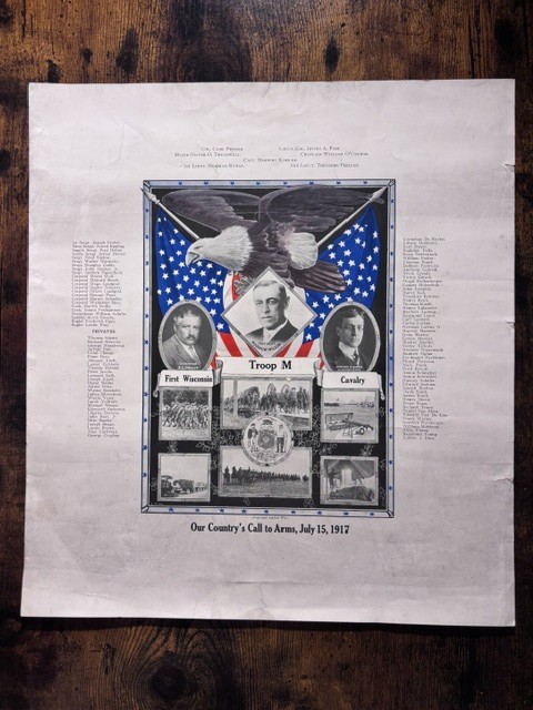 RARE 1917 WWI Poster First Wisconsin Cavalry Troop M Woodrow Wilson Military Ros