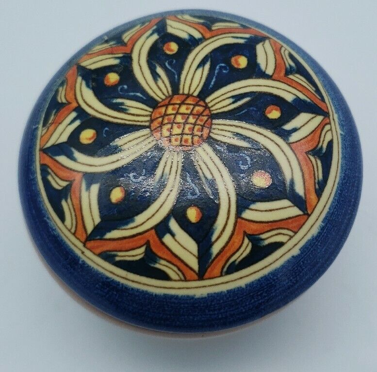 Pottery Trinket Box Hand Painted Blue Floral  2.5\