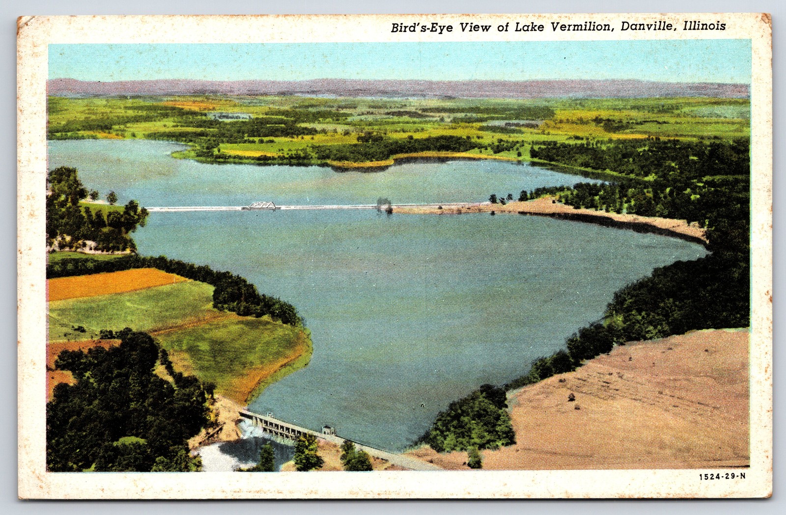 Vintage Lake Vermilion Danville Illinois Bird's Eye View Dam Postcard 1950s