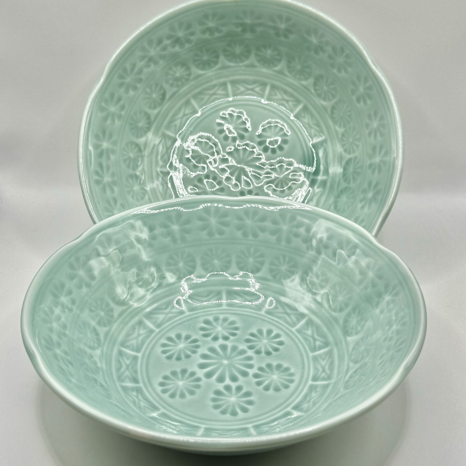 Set of 4 Vintage Japan Small Bowls Flower Geometry Kitchen Light Green Stackable