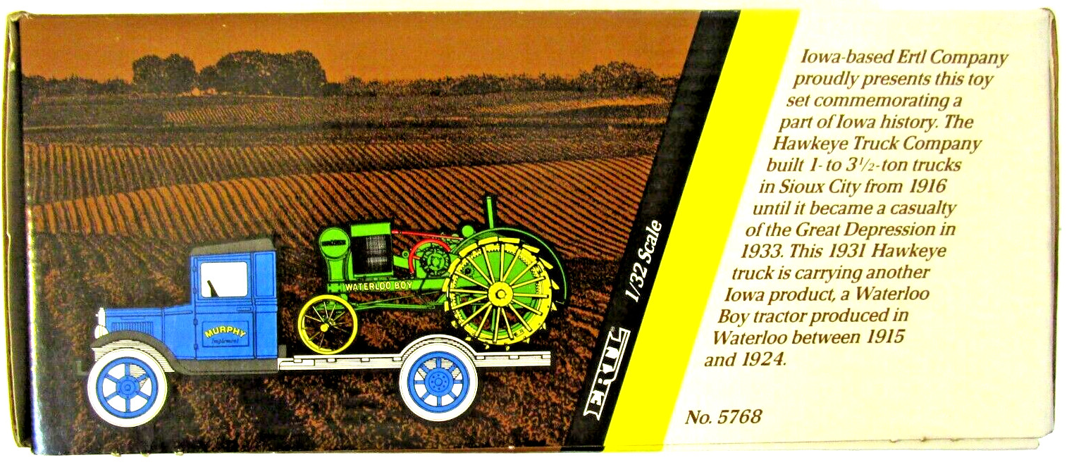 1931 Hawkeye Flatbed Truck and 1919 John Deere Kerosene Waterloo Boy Tractor NIB 1931 Hawkeye Flatbed Truck and 1919 John Deere Kerosene Waterloo Boy Tractor NIB