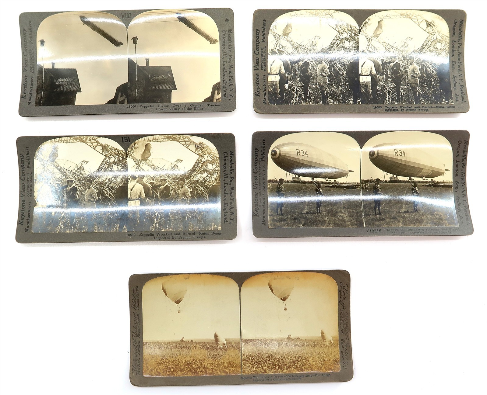 x5 Antique WW1 era STEREOVIEW B&W Cards with Zeppelin Blimps, Hot Air Balloons, 