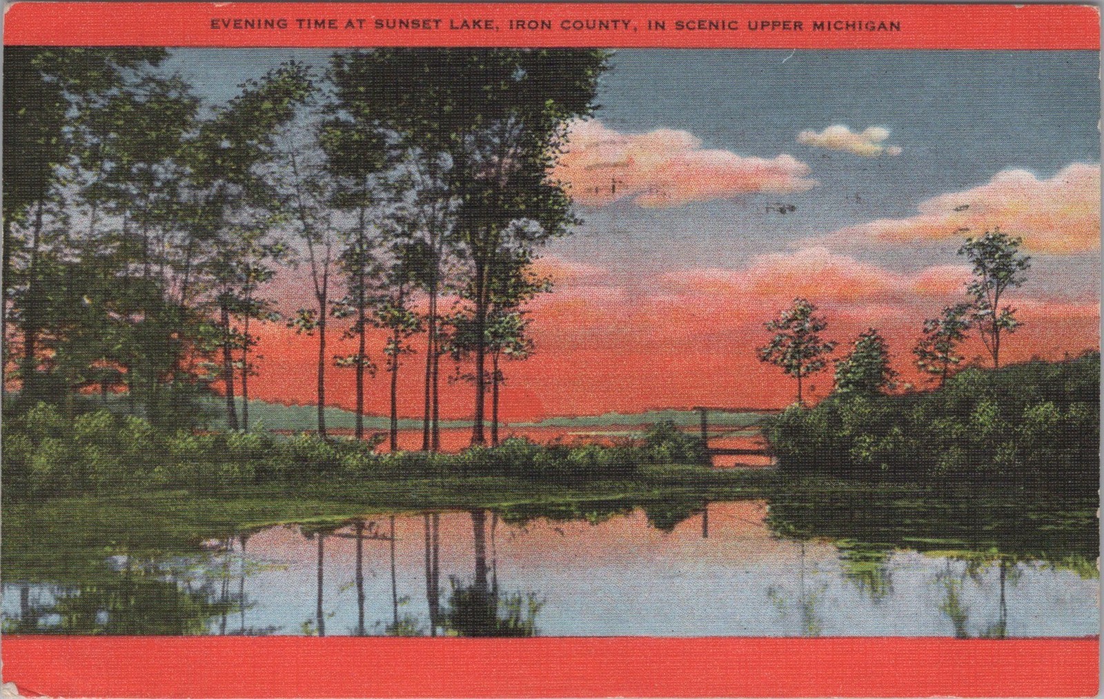 1954 Sunset Lake MI Linen Evening Sunset Iron County Upper Michigan Postcard