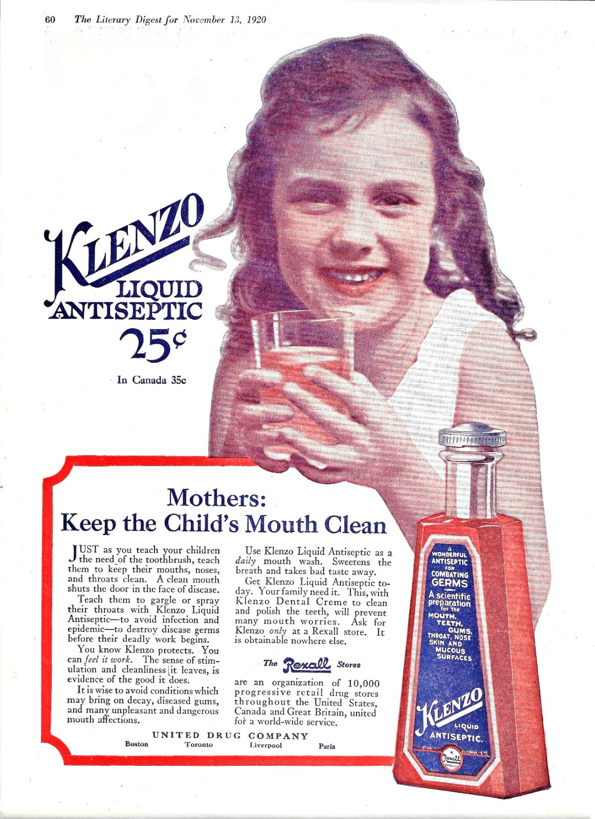 Vintage 1920 Klenzo Liquid Antiseptic Ad - Mothers: Keep the Child\'s Mouth Clean