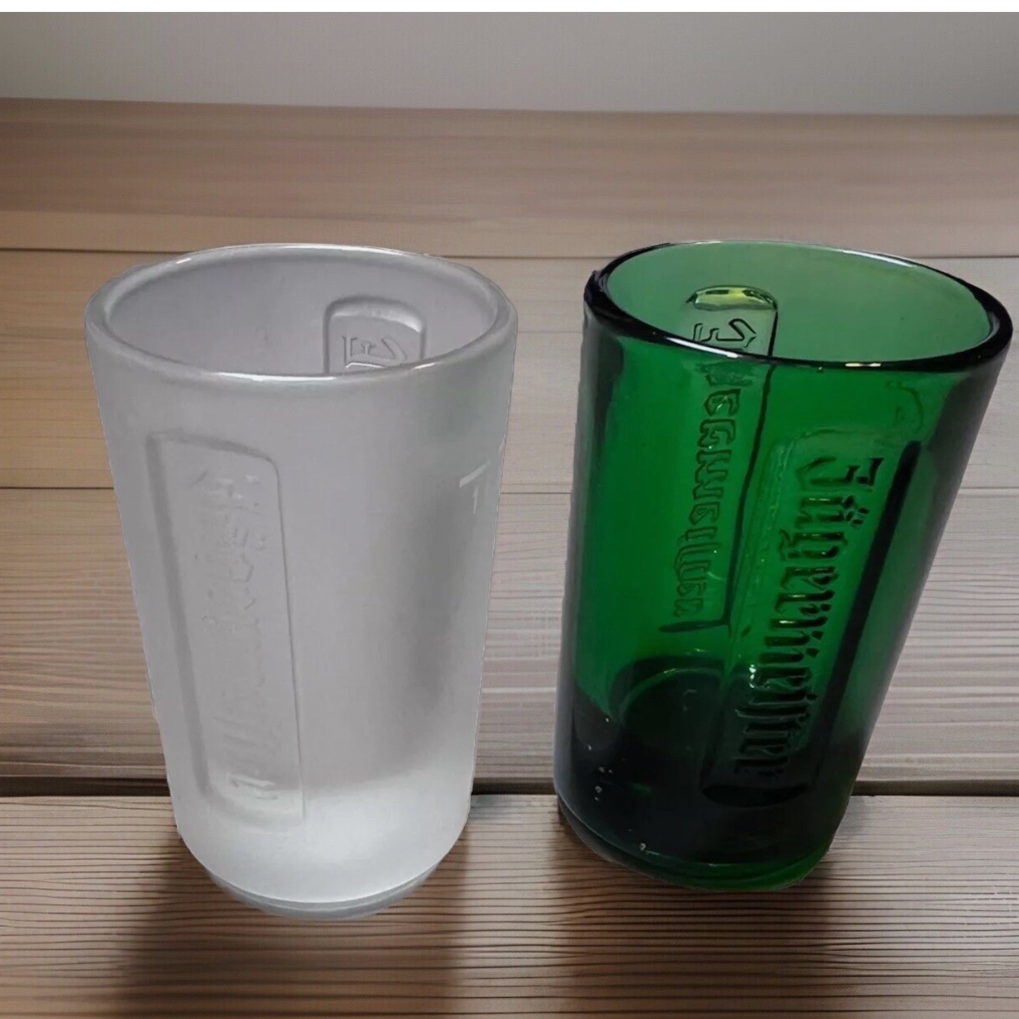 Jagermeister Shot Glass Set Frosted White and Emerald Green Embossed Logo 2pc