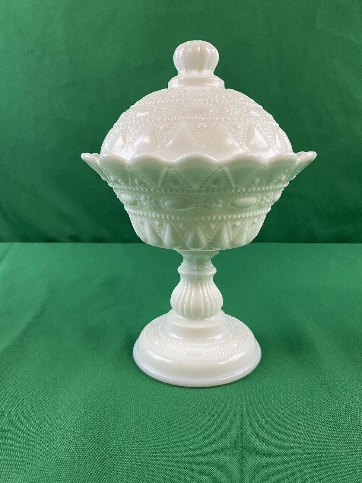 KEMPEL White Milk Glass Lace and Dewdrops Pedestal Covered CANDY DISH Compote
