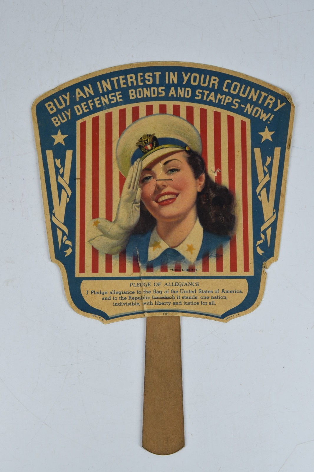 Vintage Buy Defense Bonds Stamps Optometrist Ad Paper Fan Miss Liberty WWI USA