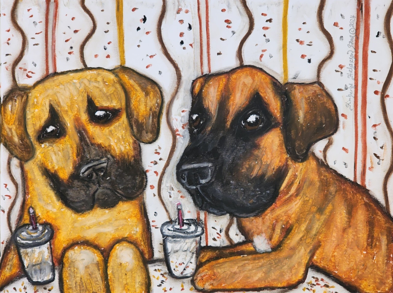 Black Mouth Cur Drinking Coffee Dog Art Print 4x6 Signed by Artist KSams