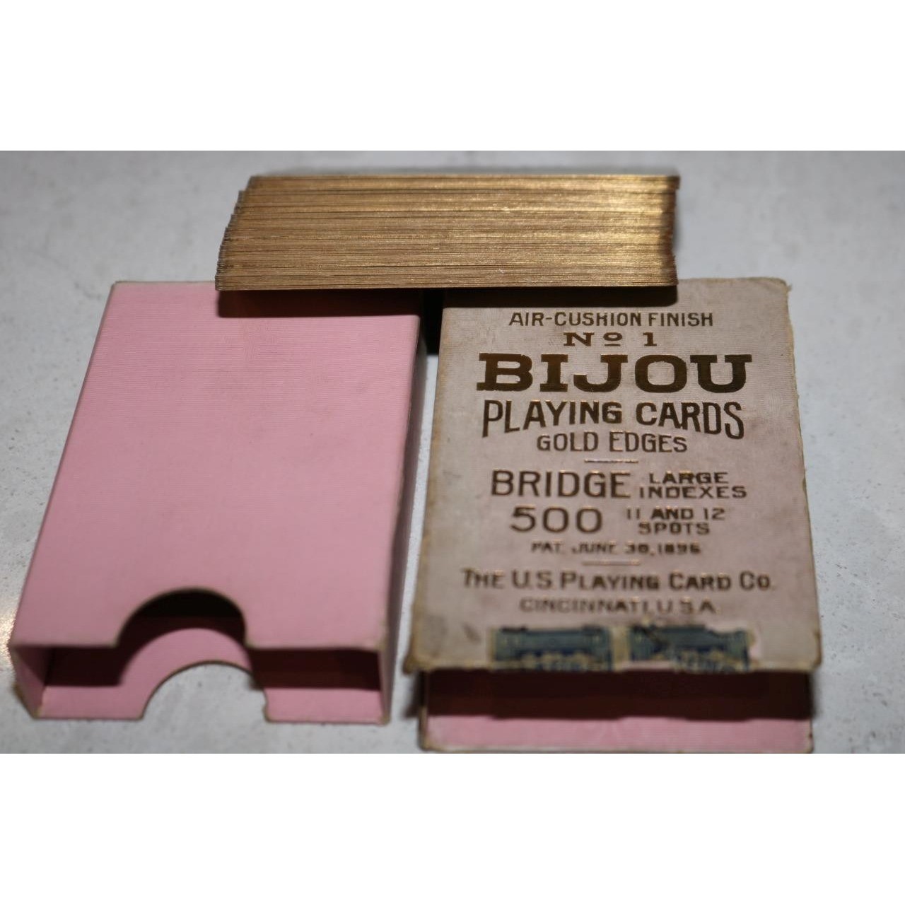 Antique Bijou No 1 Playing Cards USPC Gold Edges Bridge 500 11 & 12 Spots 1896