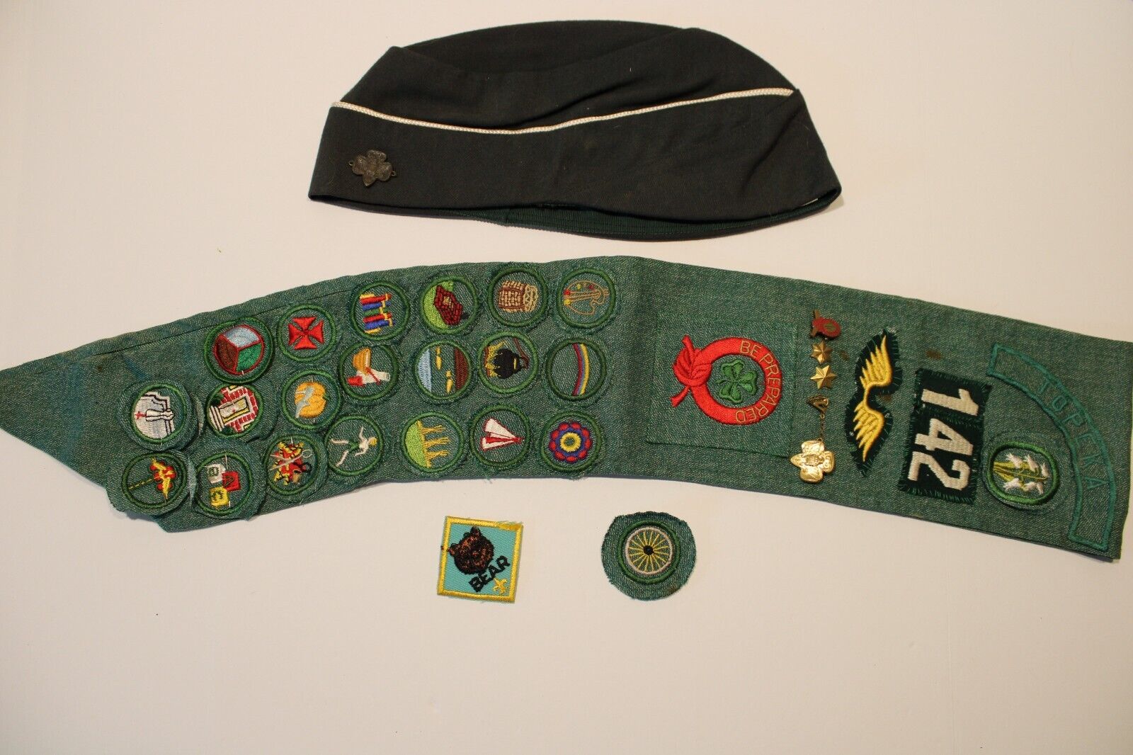 Vintage 50s Girl Scouts Hat & Sash with Badges and Pins