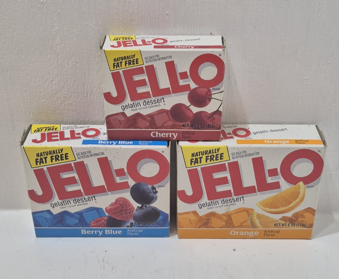 Lot of 3 Vintage 1990s-2000s Jello Jell-o Box Boxes Berry Blue Orange Cherry