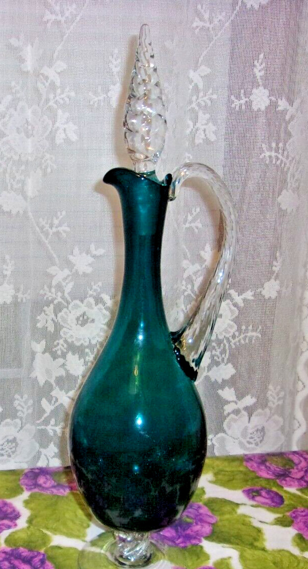 Stunning Blue/Green Peacock Color Vase Decanter Tall Glass Stopper Pedestal Base