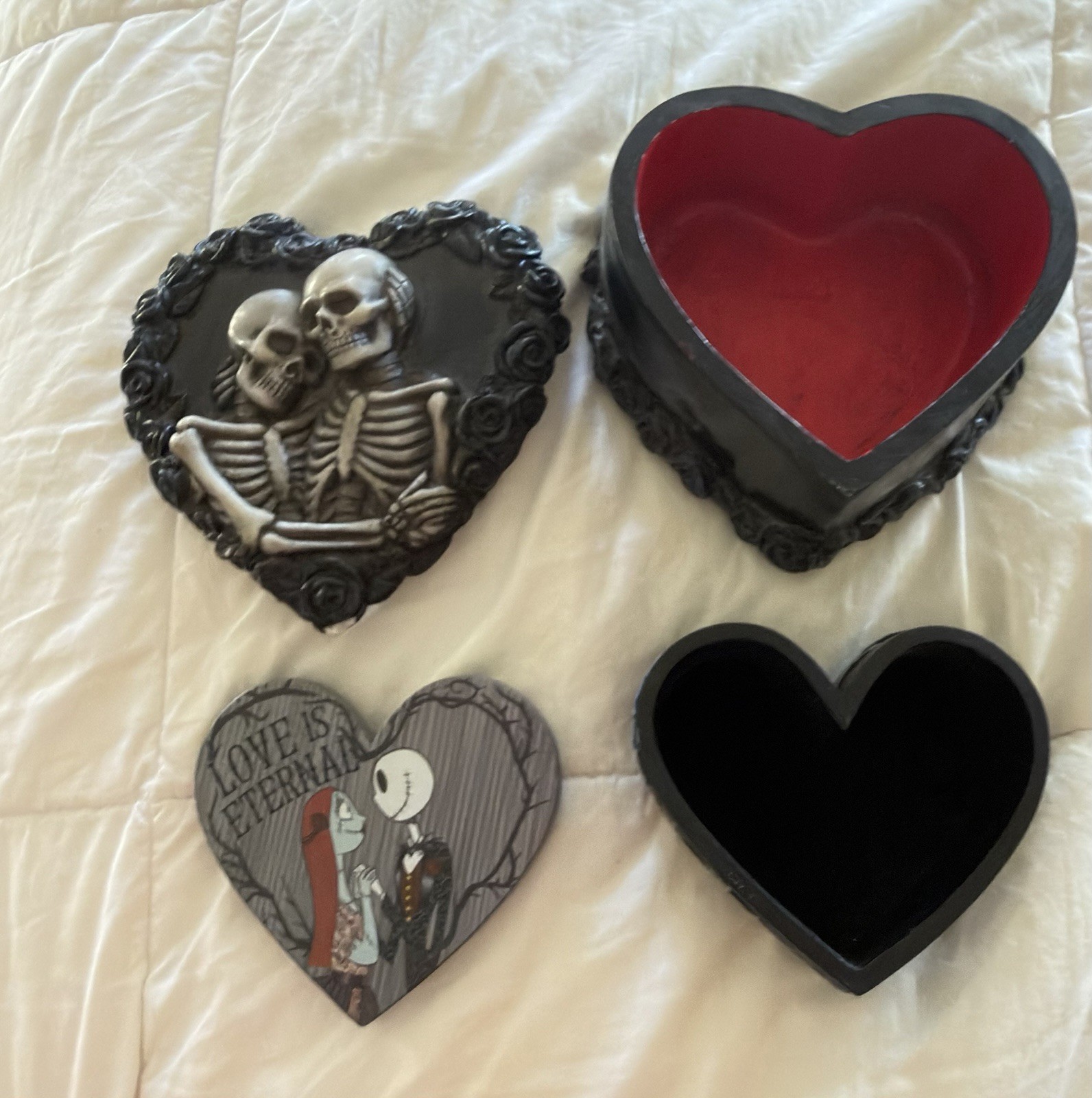 Lot of 2 Gothic Heart Trinket Boxes Skeleton Lovers & Nightmare Before Christmas